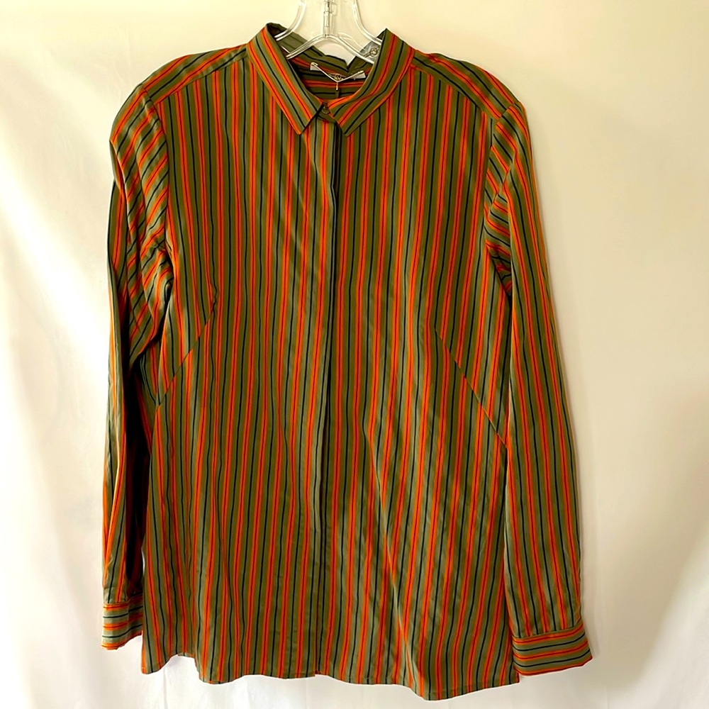Orange, olive and black pin stripe button front  Italian blouse by Malaparmi